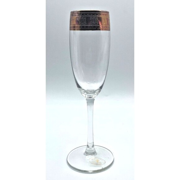 Set Of 2 Murano J Preziosi Glasses Flutes with Gold Greek Key Rim Italy - Picture 6 of 13